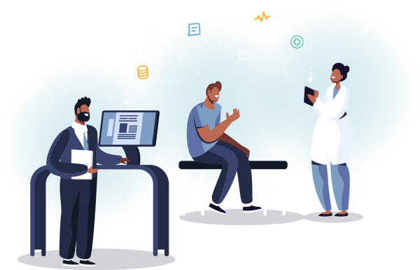 illustration of doctor and patient with someone on a computer