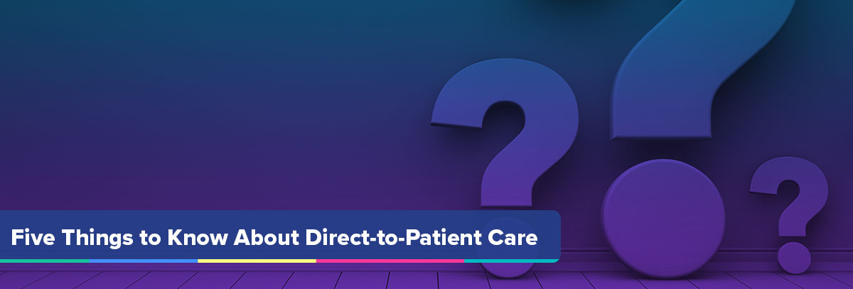 Five Things to Know About Direct-to-Patient Care Hero Graphic with NaviNet Purple Gradient Overlay and Question Marks stock imagery background